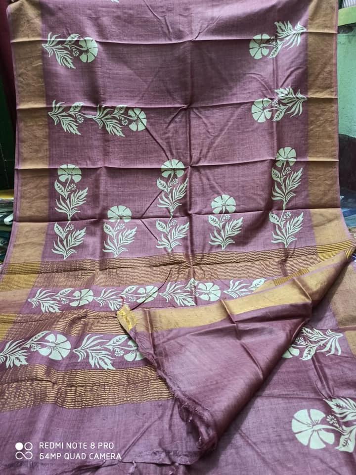 Pink Block Printed Zari Border Pure Silk Mark Certified Tussar Silk Sarees