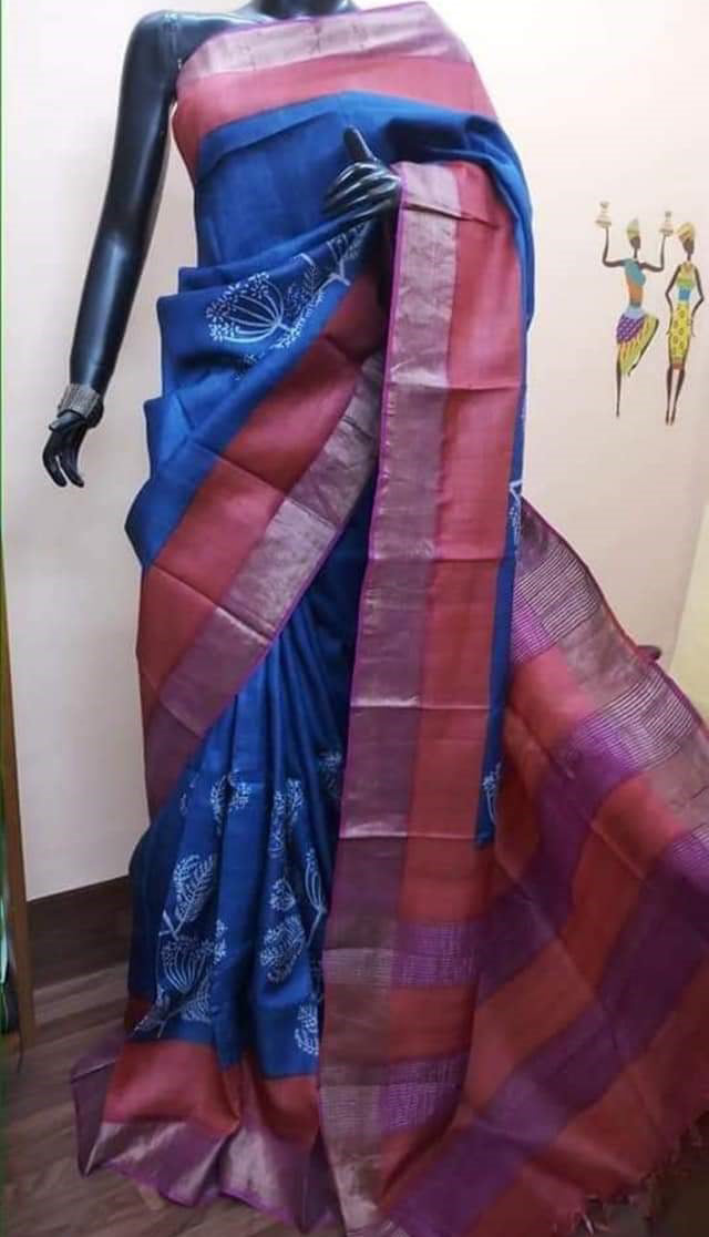 Blue Beautiful Block Print Zari Border Pure Silk Mark Certified Tussar Silk Sarees