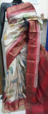 Beige Red Beautiful Block Print Zari Border Pure Silk Mark Certified Tussar Silk Sarees