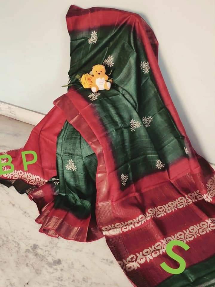 Green Red Beautiful Block Print Zari Border Pure Silk Mark Certified Tussar Silk Sarees