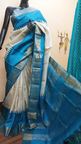 Blue Block Printed Zari Border Pure Silk Mark Certified Tussar Silk Sarees