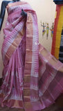 Pink Purple Block Printed Zari Border Pure Silk Mark Certified Tussar Silk Sarees
