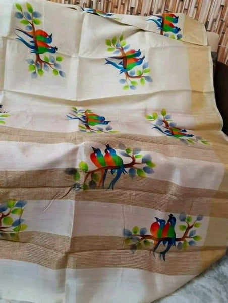 Beige Hand Painted Zari Border Pure Silk Mark Certified Tussar Silk Sarees