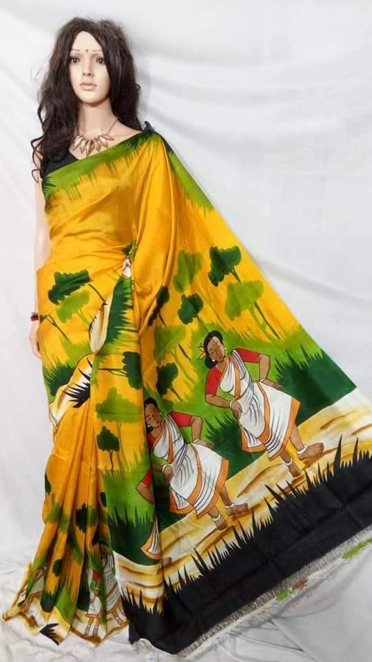 Yellow Hand Painted Pure Silk Mark Certified Bishnupuri Silk Sarees