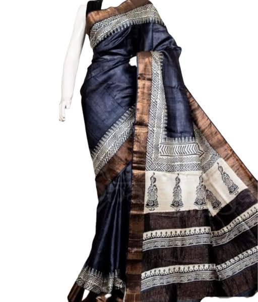 Blue Black Block Printed Zari Border Pure Silk Mark Certified Tussar Silk Sarees - Dailybuyys