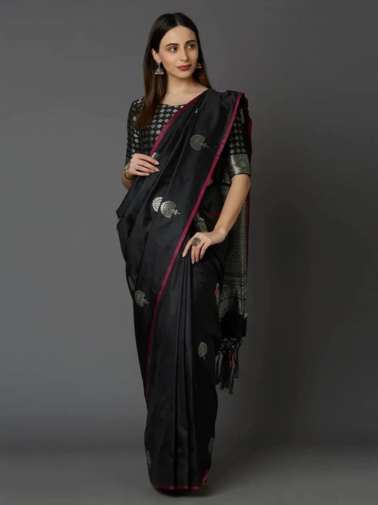 Black Block Printed Pure Silk Mark Certified Bishnupuri Silk Sarees