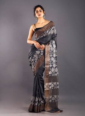 Black Block Printed Zari Border Pure Silk Mark Certified Tussar Silk Sarees