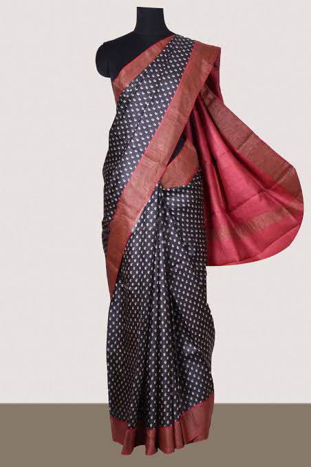 Red Black Block Printed Zari Border Pure Silk Mark Certified Tussar Silk Sarees