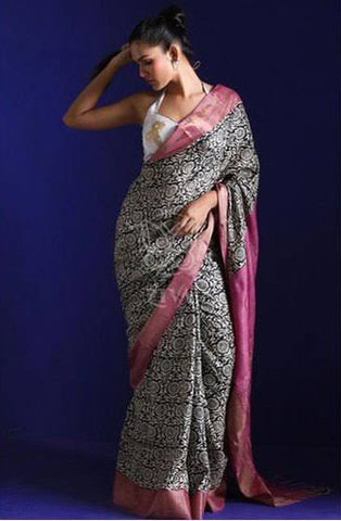 Pink Beige Block Printed Zari Border Pure Silk Mark Certified Tussar Silk Sarees