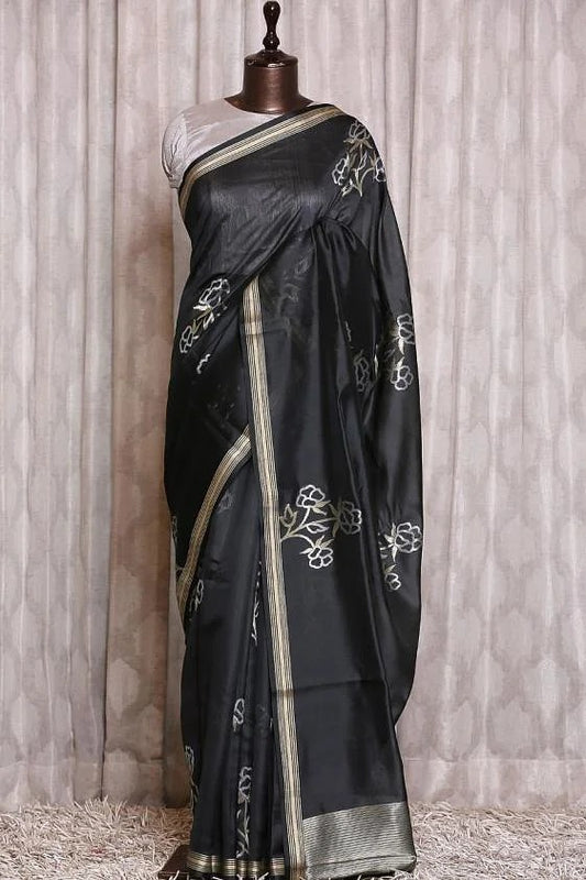 Black Beautiful Block Print Plain Pure Silk Mark Certified Tussar Silk Sarees