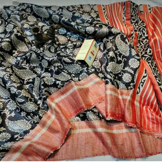 Black Red Printed Pure Silk Mark Certified Tussar Ghicha Silk Sarees