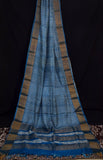 Blue Block Printed Pure Silk Mark Certified Tussar Silk Sarees