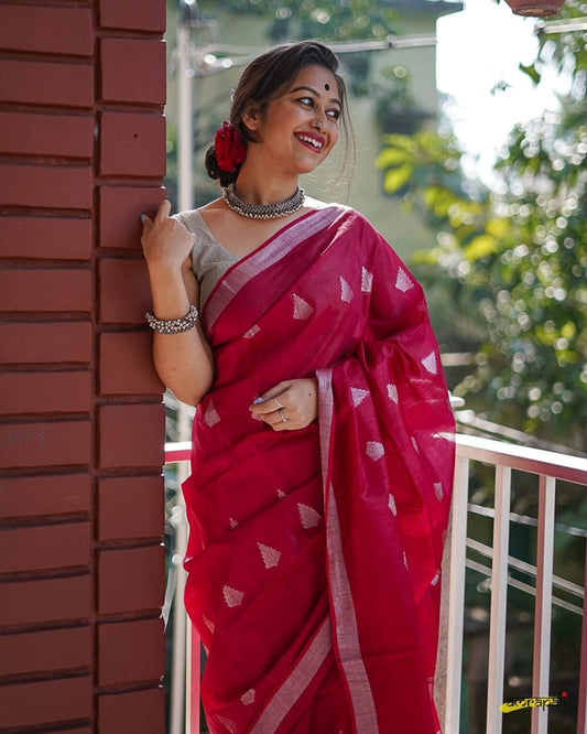 Red Slub Pure Linen Weaving Sarees