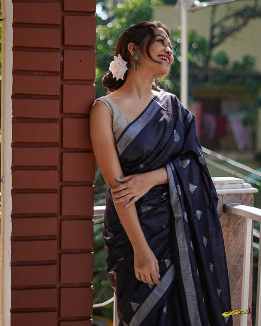 Black Slub Pure Linen Weaving Sarees