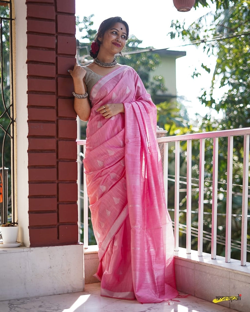 Pink Slub Pure Linen Weaving Sarees