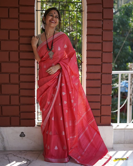 Pastel Pink Slub Pure Linen Weaving Sarees