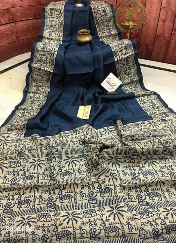 Blue Tribal Block Printed Pure Silk Mark Certified Bishnupuri Silk Sarees