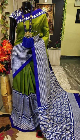 Green Blue Block Printed Pure Silk Mark Certified Bishnupuri Silk Sarees