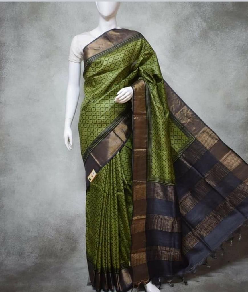 Green Block Printed Zari Border Pure Silk Mark Certified Tussar Silk Sarees