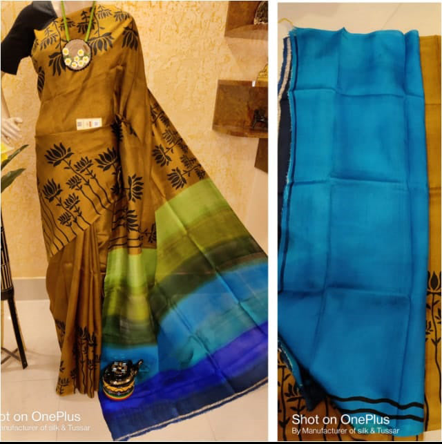 Mustard Blue Hand Painted Pure Silk Mark Certified Bishnupuri Silk Sarees