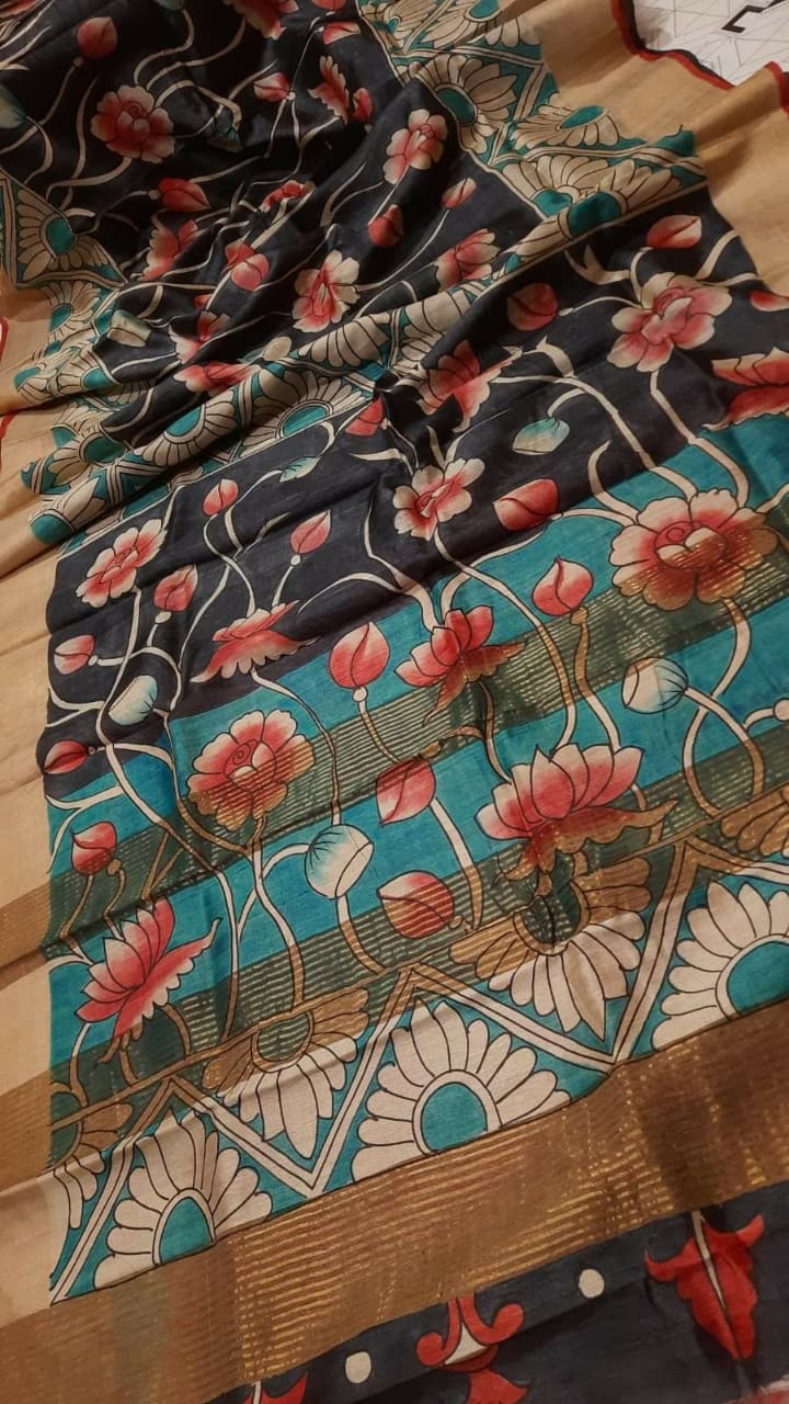 Black Hand Painted Floral Motif Pure Bengal Pure Silk Mark Certified Tussar Silk Kalamkari Sarees