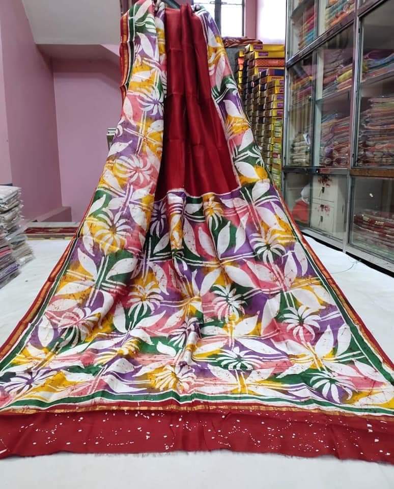 Red Hand Painted Leaf Motif Pure Silk Mark Certified Murshidabad Silk Sarees