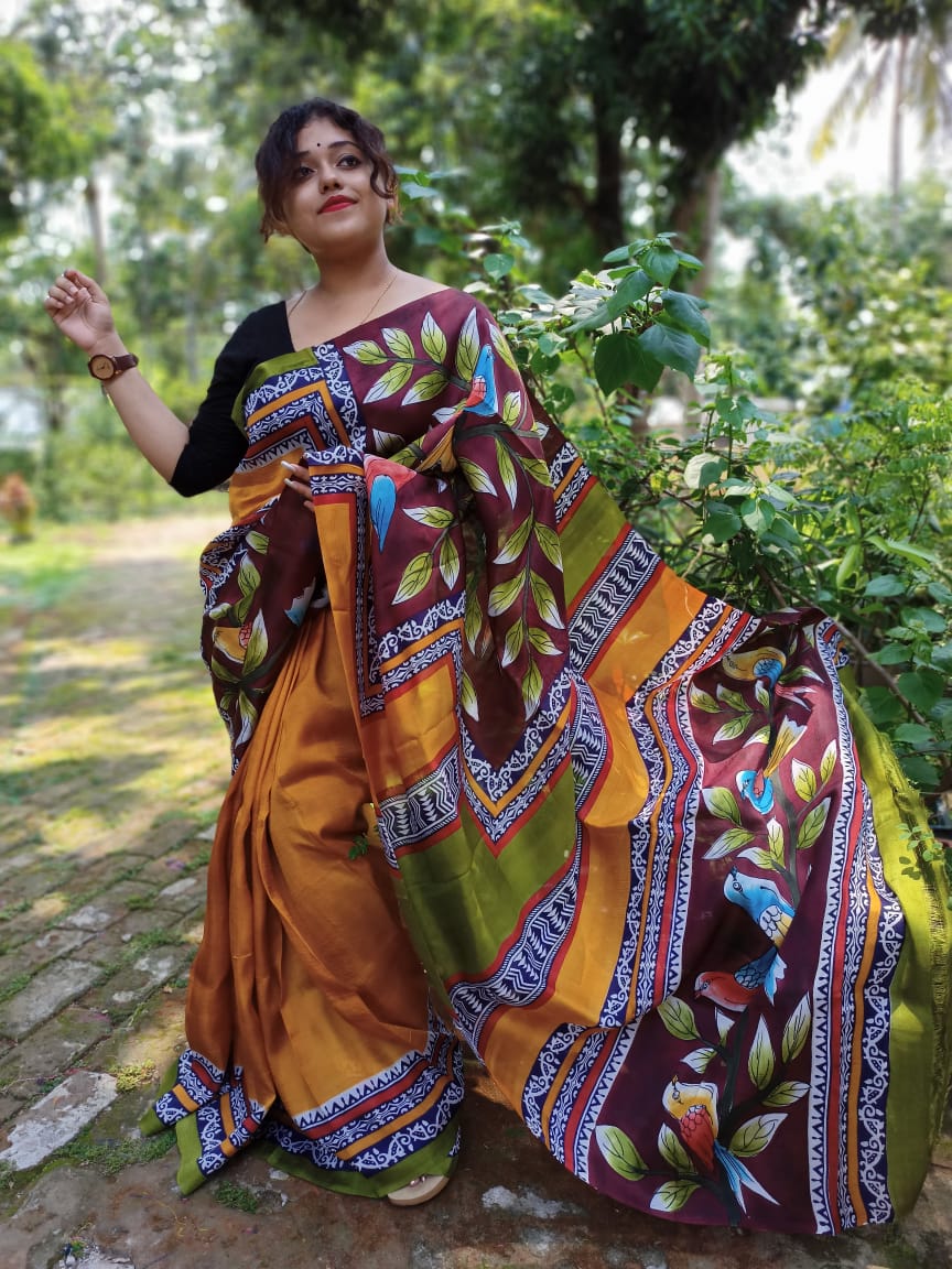 Multicoloured  Hand Painted Traditional Leaf Motif Pure Silk Mark Certified Bishnupuri Silk Sarees