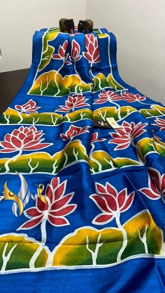 Blue Hand Painted Traditional Leaf Motif Pure Silk Mark Certified Bishnupuri Silk Sarees