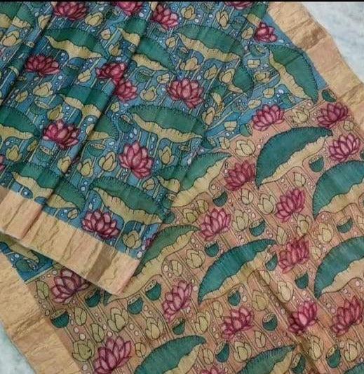 Dark Green Hand Painted Traditional Leaf Motif Pure Bengal Pure Silk Mark Certified Tussar Silk Kalamkari Sarees
