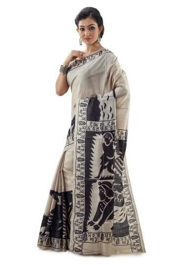 Beige Black Hand Painted Plain Pure Silk Mark Certified Tussar Silk Sarees