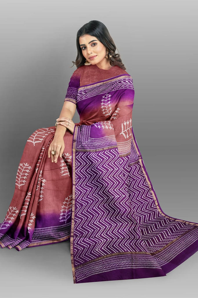 Brown Purple Bagru Printed Pure Chanderi Silk Sarees