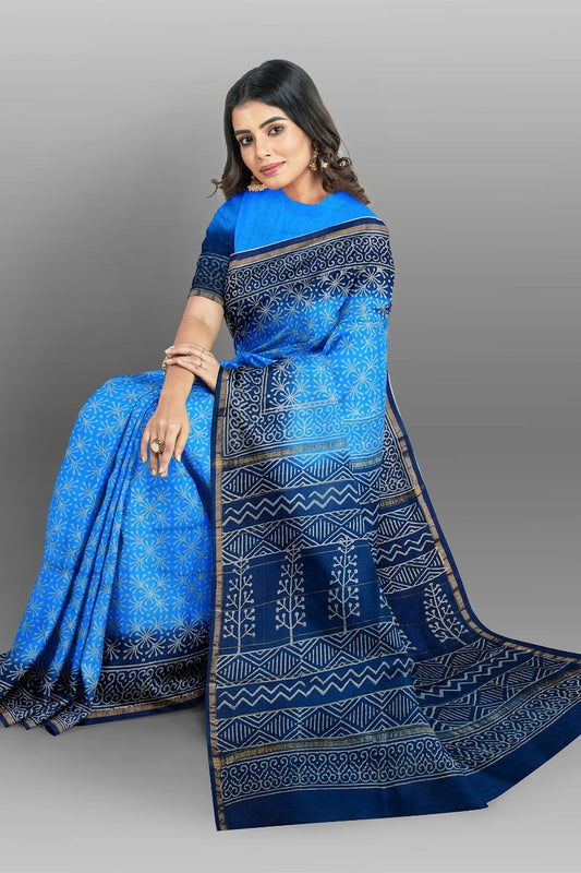 Blue Bagru Printed Pure Chanderi Silk Sarees