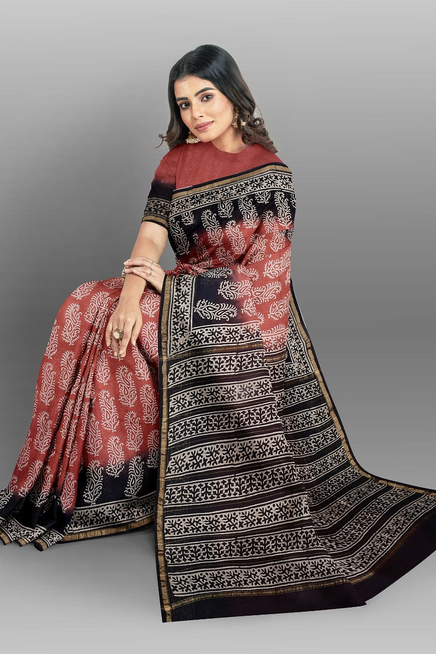 Black Red Bagru Printed Pure Chanderi Silk Sarees