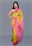 Yellow Pink Bagru Printed Pure Chanderi Silk Sarees