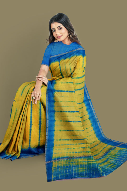 Yellow Blue Bagru Printed Pure Chanderi Silk Sarees