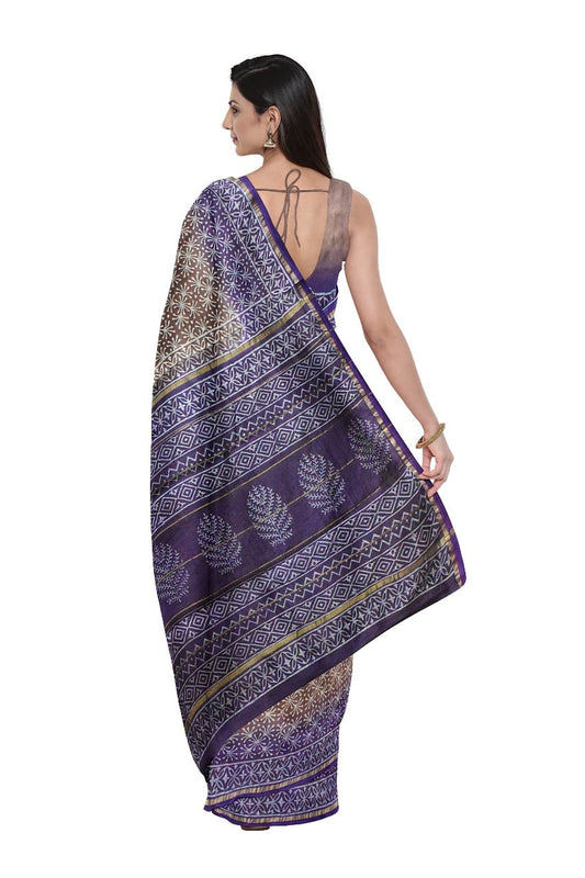 Purple Bagru Printed Pure Chanderi Silk Sarees