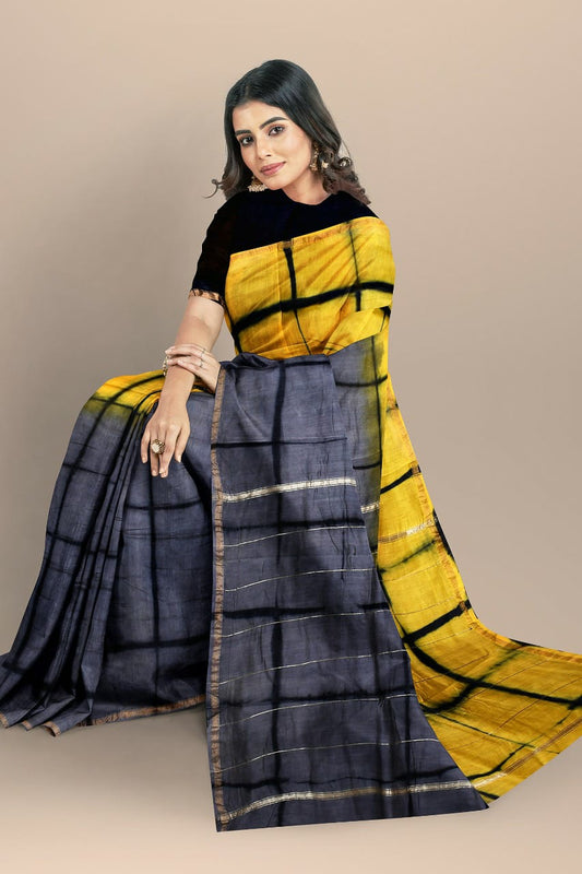 Yellow Grey Bagru Printed Pure Chanderi Silk Sarees