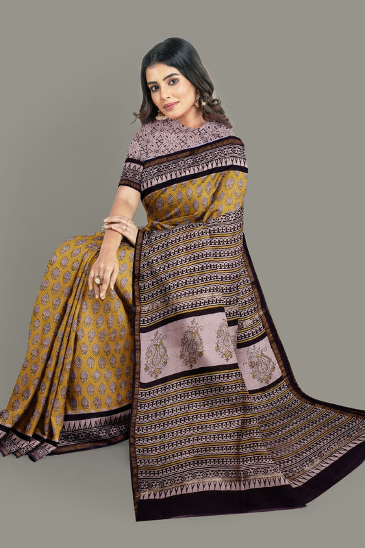 Yellow Brown Bagru Printed Pure Chanderi Silk Sarees