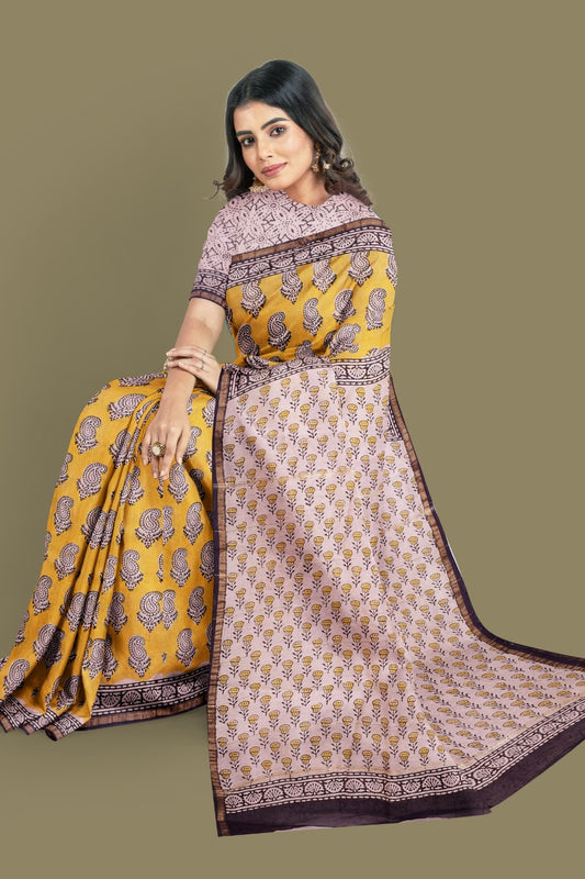 Yellow Brown Bagru Printed Pure Chanderi Silk Sarees