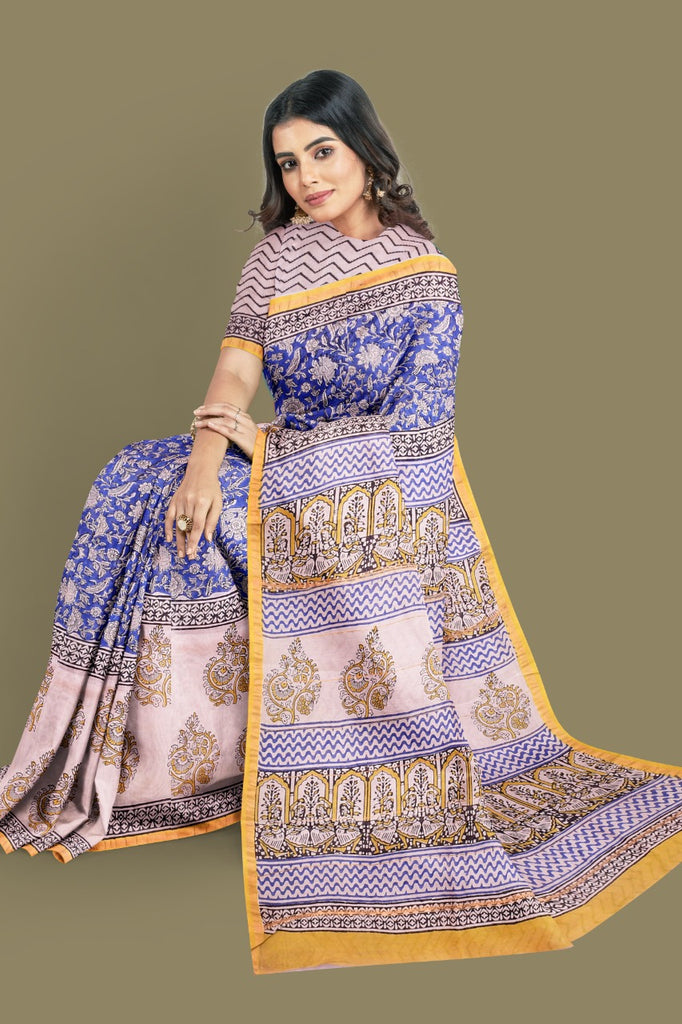 Blue Yellow Bagru Printed Pure Chanderi Silk Sarees