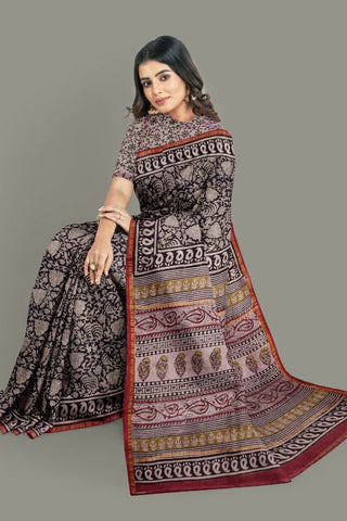 Black Bagru Printed Pure Chanderi Silk Sarees