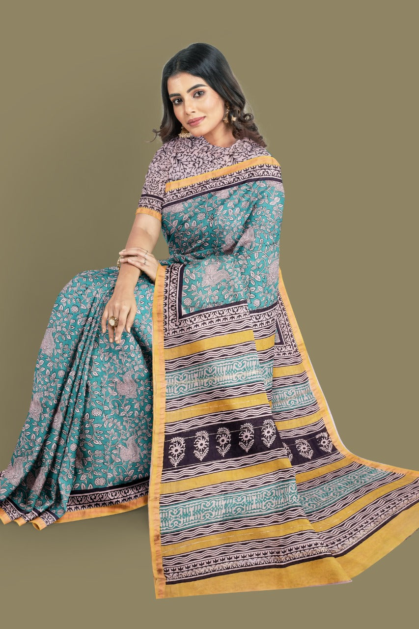 Sky Blue Bagru Printed Pure Chanderi Silk Sarees