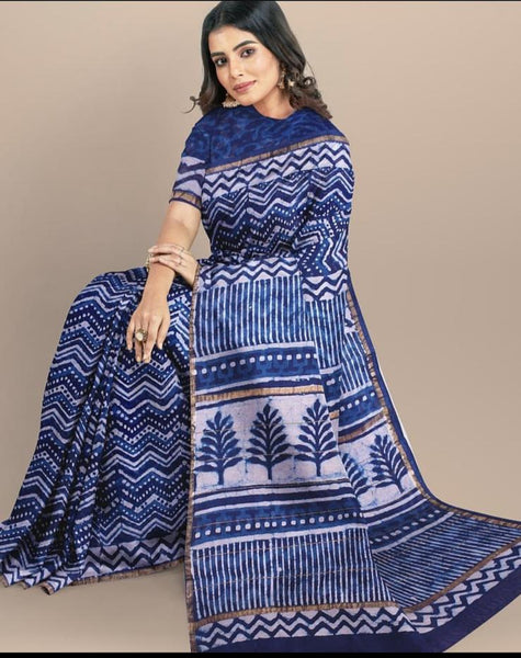 Blue Bagru Printed Pure Chanderi Silk Sarees