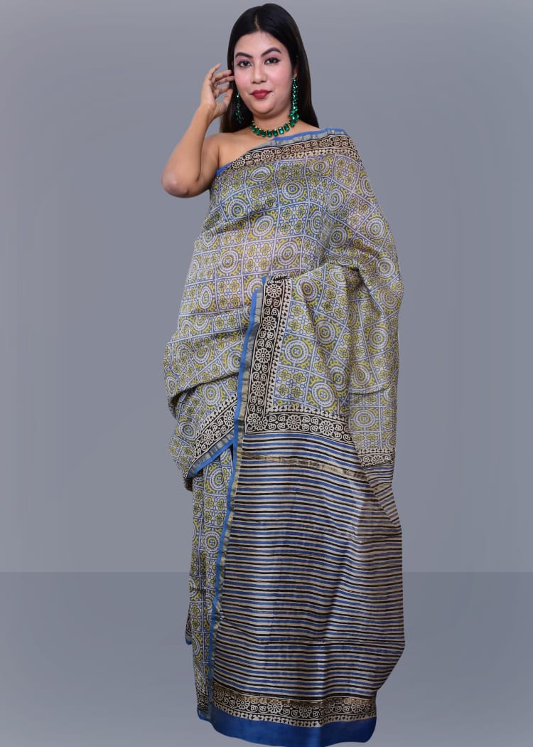 Beige Sky Blue Bagru Printed Pure Chanderi Silk Sarees