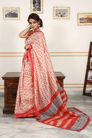 Pink Red Bagru Printed Pure Chanderi Silk Sarees Get Extra 10% Discount on All Prepaid Transaction