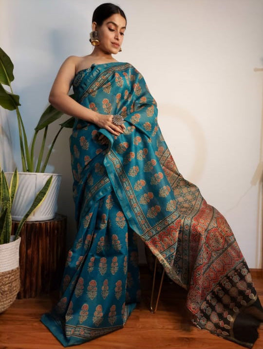 Blue Bagru Print Chanderi Silk Sarees