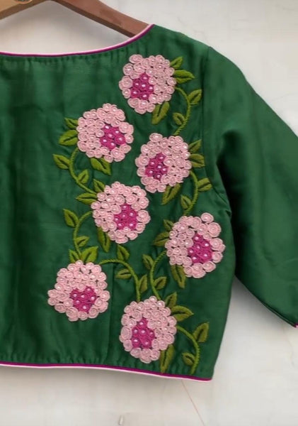 Green Floral Motif Embroidered Boat Neck Piping Blouses(Add To Cart 15% Off)