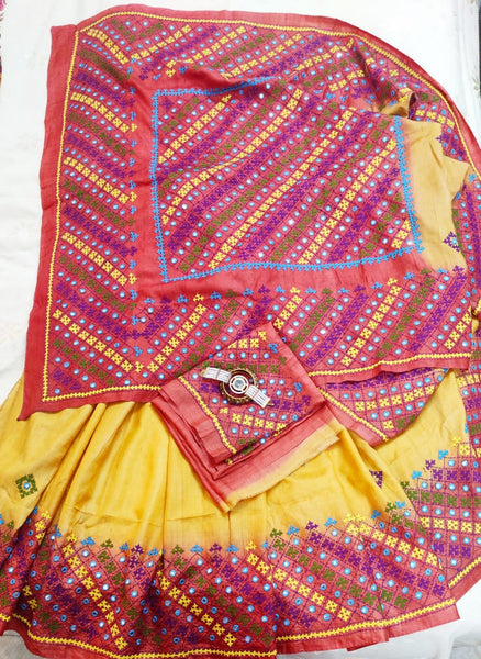 Red Yellow Pure Silk Mark Certified Tussar Silk Kantha Stitch Sarees