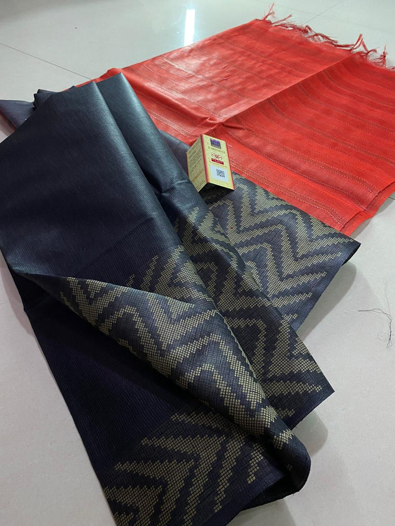 Grey Red Block Printed Handloom Pure Silk Mark Certified Tussar Silk Sarees
