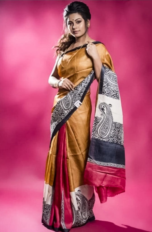 Block Printed Pure Silk Mark Certified Tussar Silk Sarees